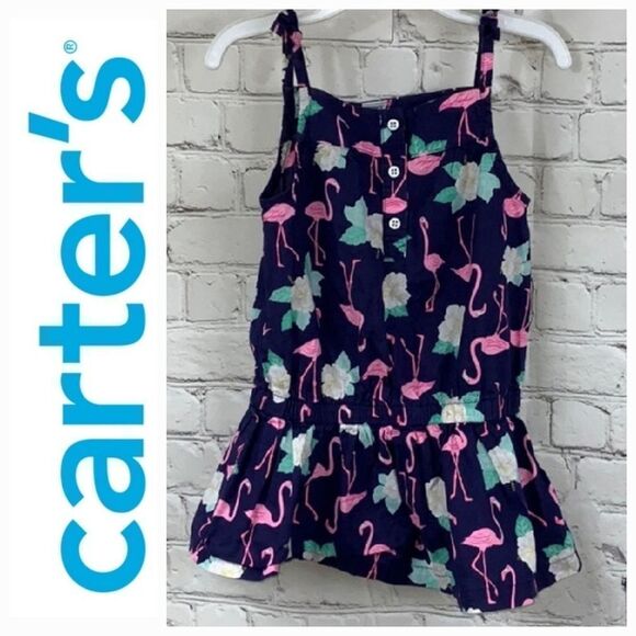 Carter's Pink Flamingo Sleeveless Tie Strap Navy Cotton Summer Blouse Henley Top - Picture 3 of 8